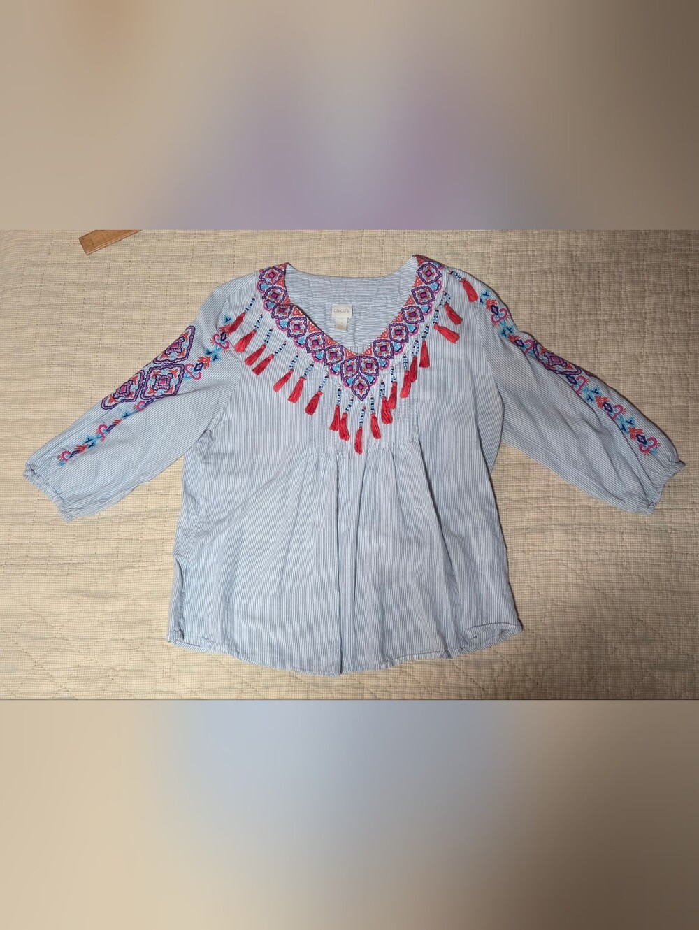 Chico's Size 2 Light Blue Embroidered V-Neck Peasant Blouse with Red Tassels